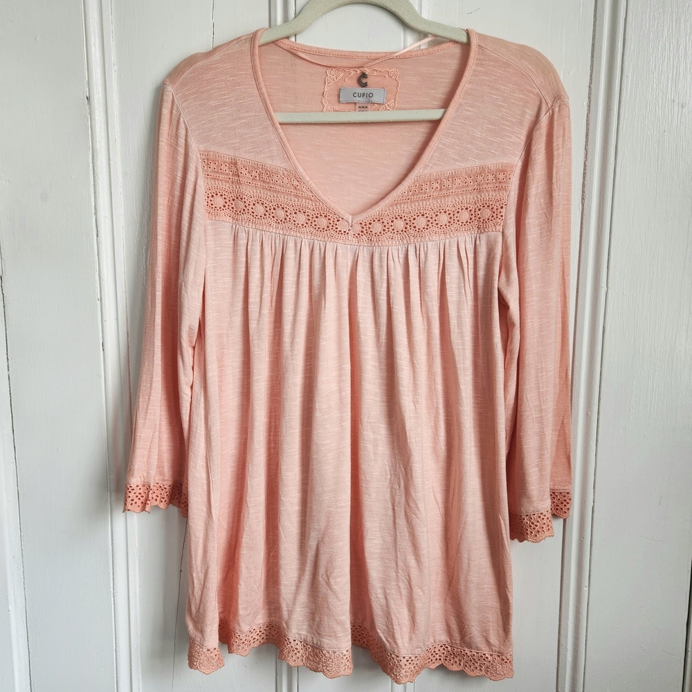 NWOT Cupio Peach Pink Peasant Blouse Lace Trim Size Medium